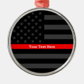 Personalized Thin Red Line Grey US Flag Keepsake Silbernes Ornament (Vorne)