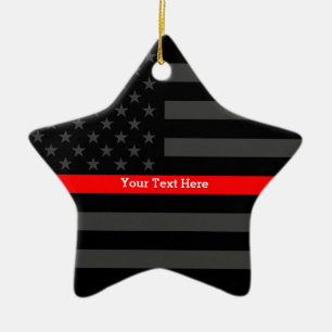 Personalized Thin Red Line Grey US Flag Your Text Keramik Ornament