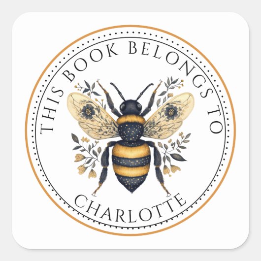Personalized This Book Belongs To Floral Bee Quadratischer Aufkleber (Vorderseite)