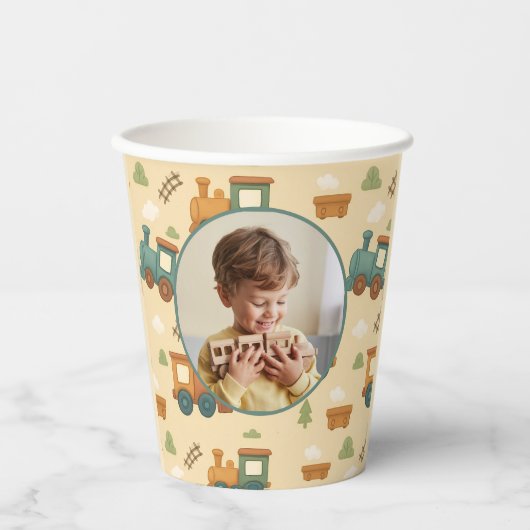 Personalized Train Birthday Photo Party Pappbecher (Vorderseite)