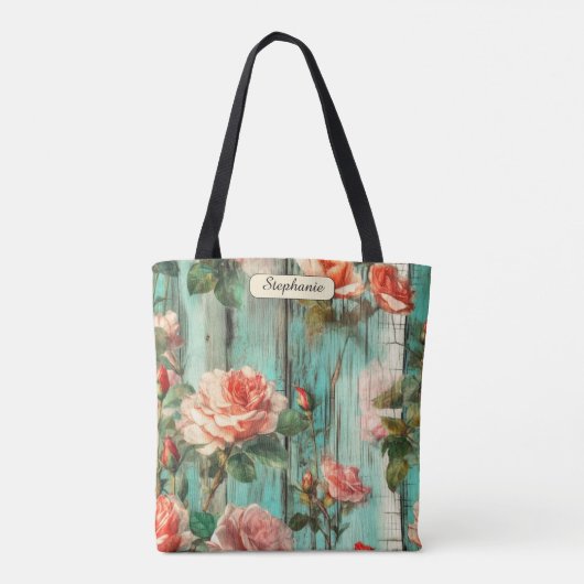 Personalized Turquoise Shabby Chic Rose Carryall Tasche (Rückseite)