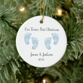 Personalized Twin Baby Boys Blue Footprint  Keramik Ornament