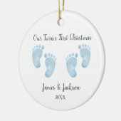 Personalized Twin Baby Boys Blue Footprint Keramik Ornament (Links)