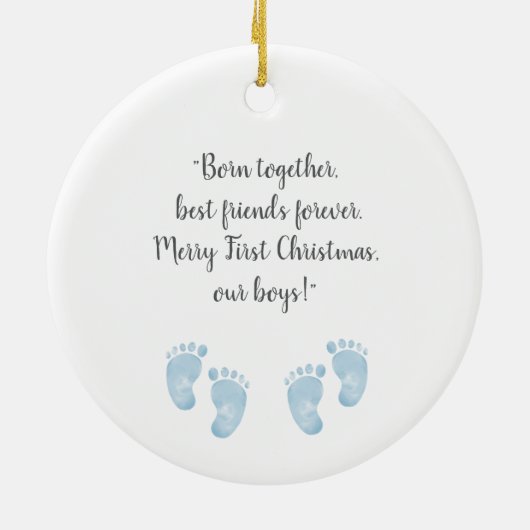 Personalized Twin Baby Boys Blue Footprint  Keramik Ornament (Hinten)