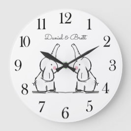 Personalized Twins Baby Elephants Nursery  Large C Große Wanduhr