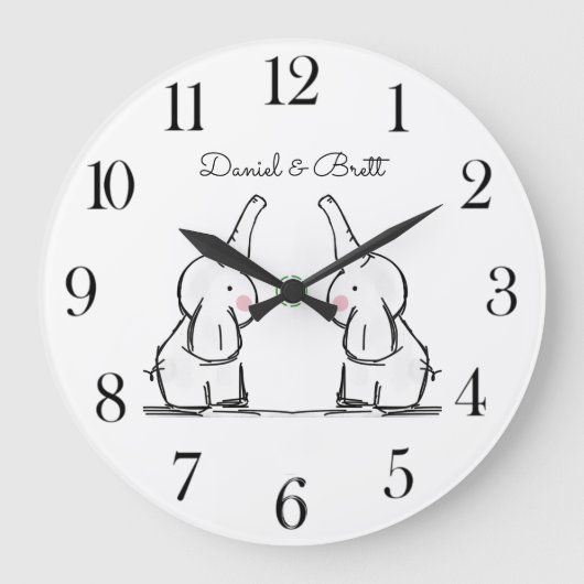 Personalized Twins Baby Elephants Nursery  Large C Große Wanduhr (Vorderseite)