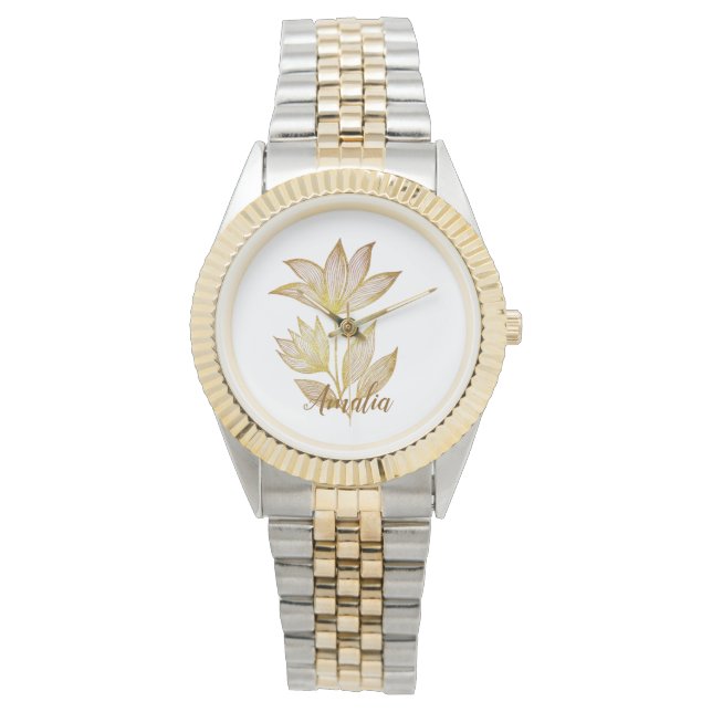 Personalized Two-Tone Golden Floral Watch Armbanduhr (Vorderseite)