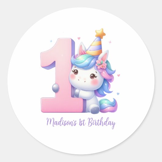 Personalized Unicorn 1st First Girls Birthday Runder Aufkleber (Vorderseite)