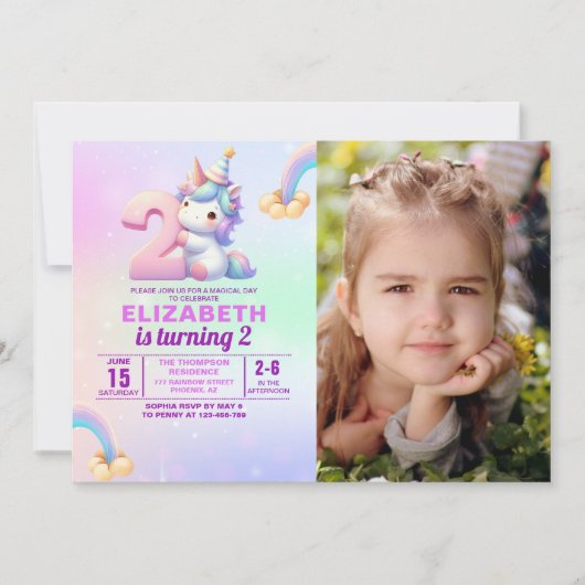 Personalized Unicorn 2nd Birthday Photo Invitation Einladung (Vorderseite)