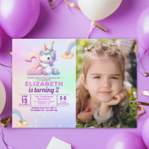 Personalized Unicorn 2nd Birthday Photo Invitation