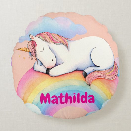Personalized Unicorn Pillow, Watercolors, Rundes Kissen (Vorderseite)