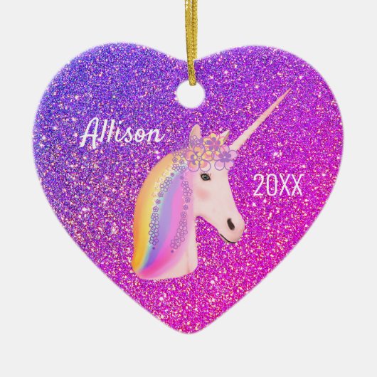 Personalized Unicorn Purple Pink Glitter Heart Keramik Ornament (Vorne)