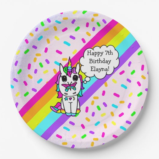Personalized Unicorn, Rainbow and Butterfly Pappteller (Vorderseite)