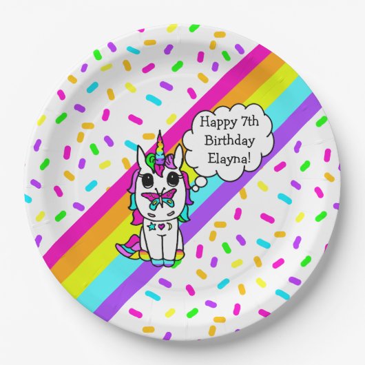 Personalized Unicorn, Rainbow and Butterfly Pappteller (Vorderseite)