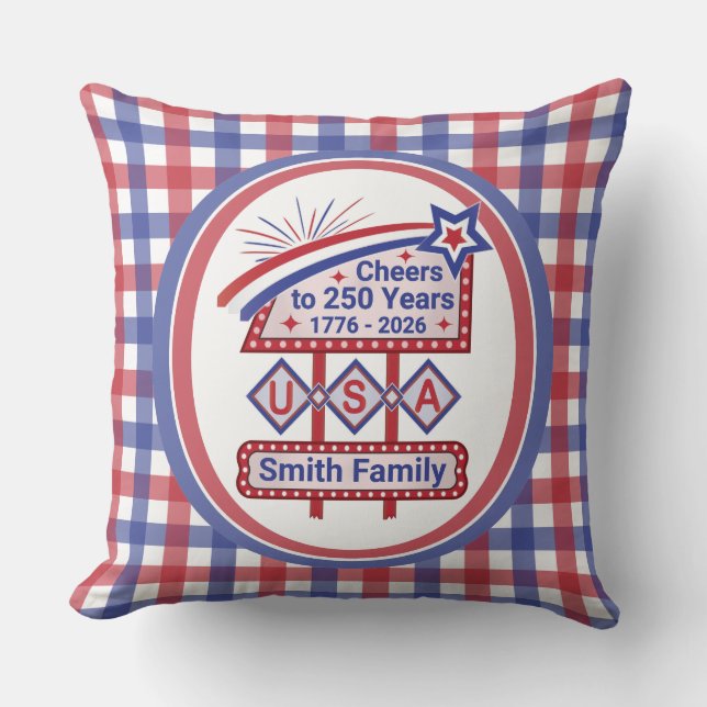 Personalized USA 250–Patriotic Retro Marquee Kissen (Vorderseite)