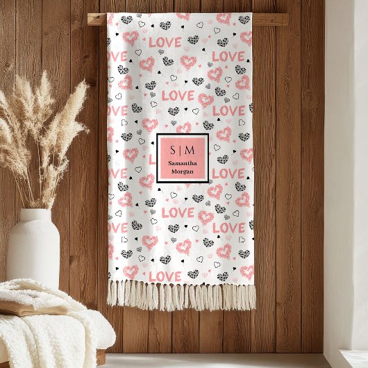 Personalized Valentine Blanket Pink Black Hearts  Fleecedecke