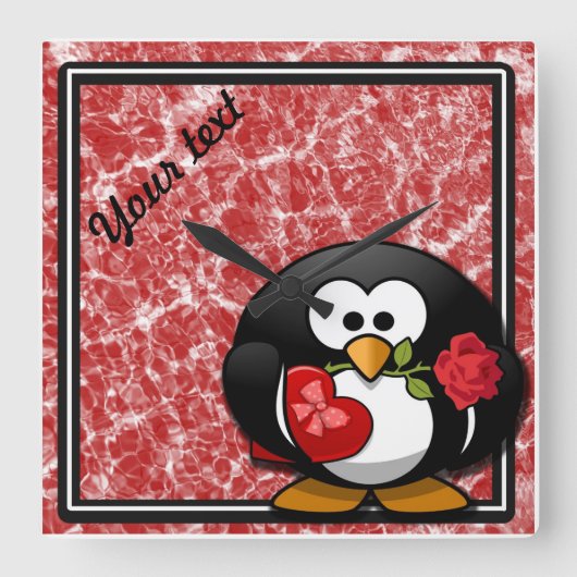 Personalized Valentine Penguin Wall Clock Quadratische Wanduhr (Vorderseite)