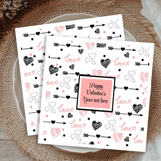 Personalized Valentine Pink Black Hearts Sketch  Serviette