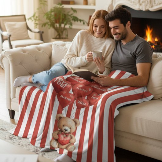 personalized valentines red striped bear  fleecedecke