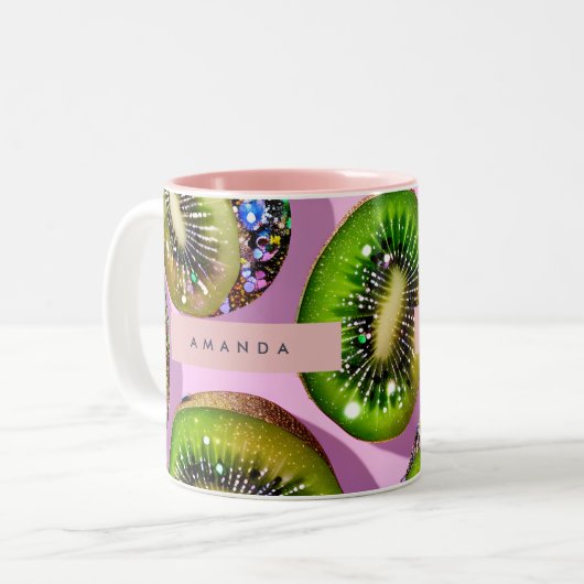 Personalized Vibrant Glitter Kiwi Pop Art Design Zweifarbige Tasse (Vorderseite Links)