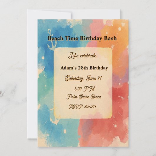 Personalized Vibrant Watercolor Beach Invitation Einladung (Vorderseite)