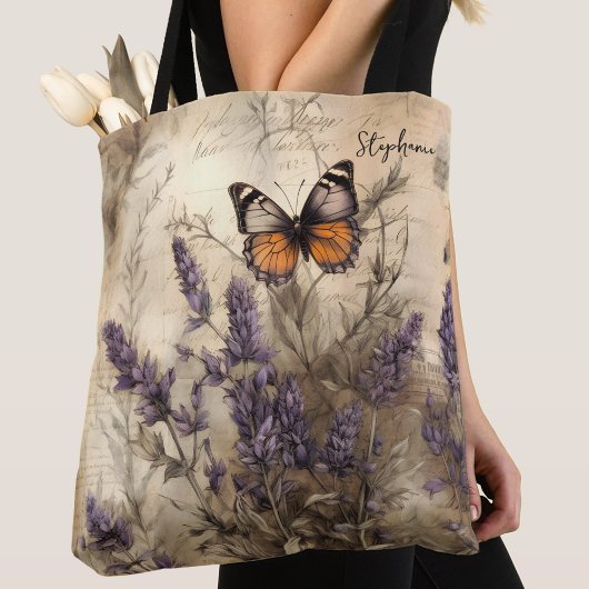 Personalized Vintage Lavender Butterfly Art Tasche