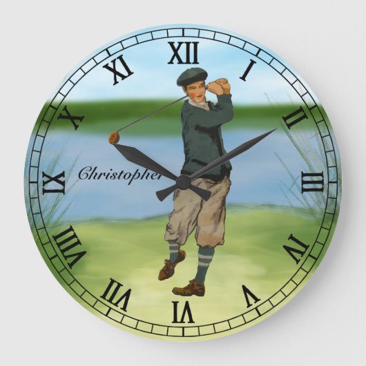 Personalized Vintage look Golfer Golf swing Große Wanduhr (Vorderseite)