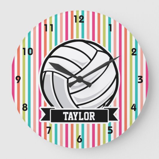 Personalized Volleyball on Colorful Stripes Große Wanduhr (Vorderseite)