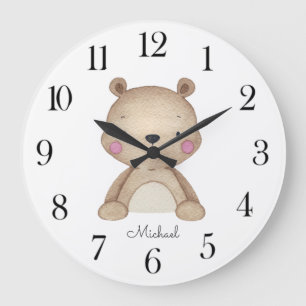 Personalized Watercolor Bear Nursery Große Wanduhr
