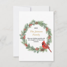 Personalized Watercolor Cardinal Christmas Wreath  RSVP Karte