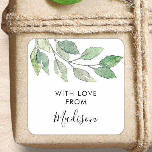 Personalized Watercolor Greenery Quadratischer Aufkleber
