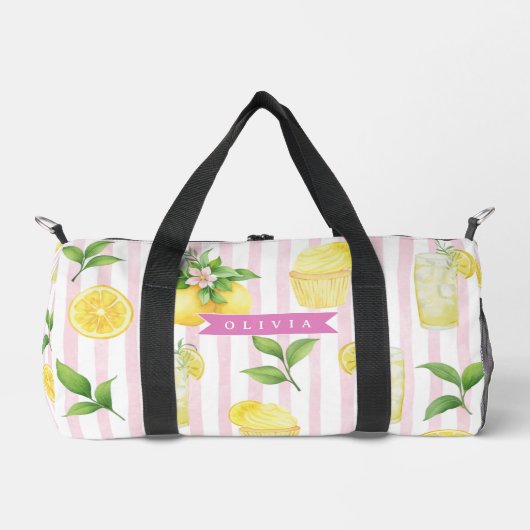 Personalized Watercolor Lemonade Cupcake Stripe Duffle Bag (Vorderseite)