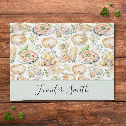 Personalized Watercolor Mediterranean Food Pattern Geschirrtuch