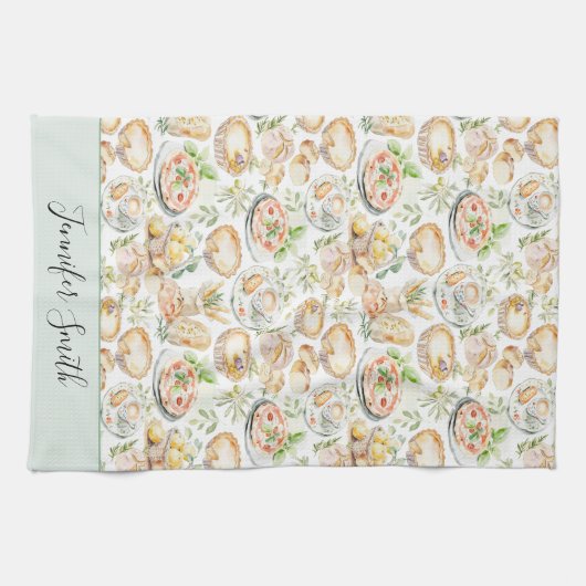 Personalized Watercolor Mediterranean Food Pattern Geschirrtuch (Horizontal)