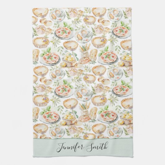 Personalized Watercolor Mediterranean Food Pattern Geschirrtuch (Vertikal)