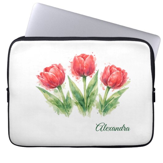 Personalized Watercolor Red Tulips Laptopschutzhülle (Vorderseite)
