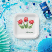 Personalized Watercolor Red Tulips  Pappteller (Party)