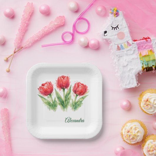 Personalized Watercolor Red Tulips Pappteller (Party)