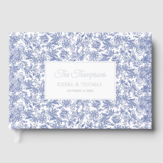 Personalized Wedding French Toile Blue Floral Gästebuch (Vorderseite)