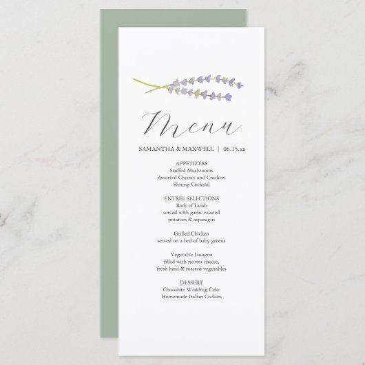 Personalized Wedding Menu Cards Lavender & Sage Menükarte (Vorne/Hinten)