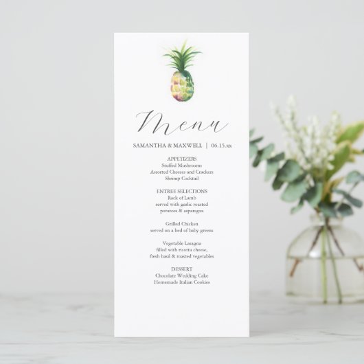 Personalized Wedding Menu Cards Tropical Pineapple Menükarte (Stehend Vorderseite)