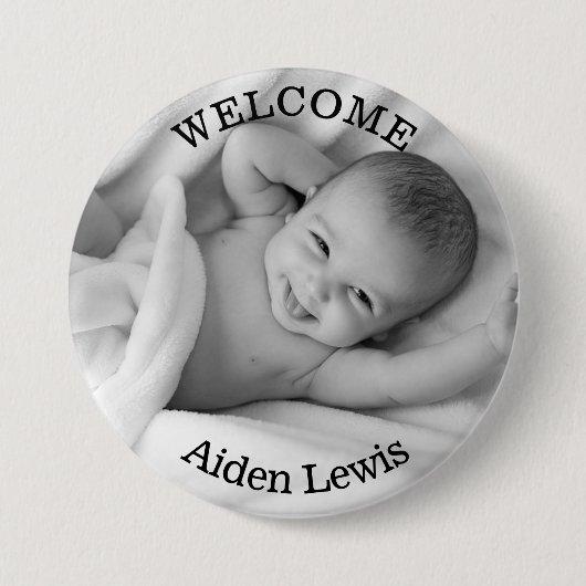 Personalized Welcome New Baby Foto Button (Vorderseite)