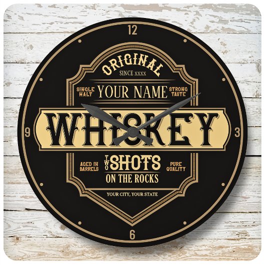 Personalized Whiskey on the Rocks Liquor Label Bar Große Wanduhr