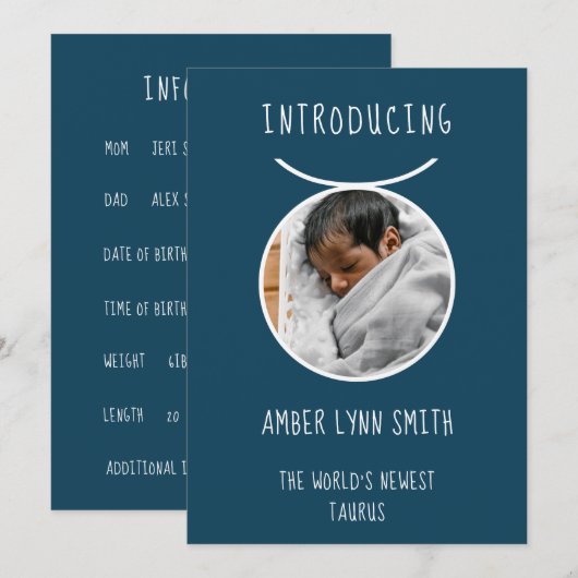 Personalized White and Blue Taurus Zodiac Ankündigung (Vorne/Hinten)