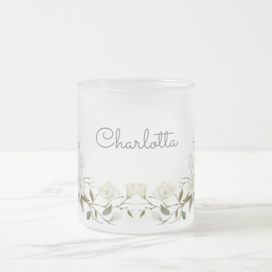 Personalized White Floral Mug, Elegant Custom Name Mattglastasse (Mittel)