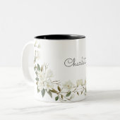 Personalized White Floral Mug, Elegant Custom Name Zweifarbige Tasse (Vorderseite Links)