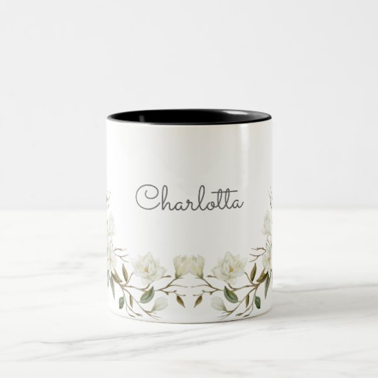 Personalized White Floral Mug, Elegant Custom Name Zweifarbige Tasse (Mittel)