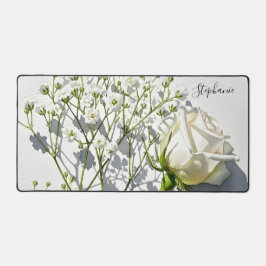 Personalized White Rose Floral Art Schreibtischunterlage