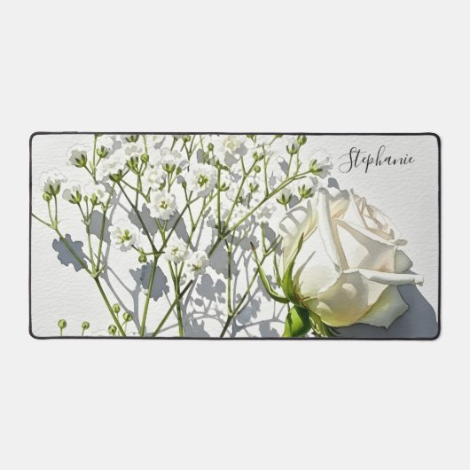 Personalized White Rose Floral Art Schreibtischunterlage (Vorderseite)