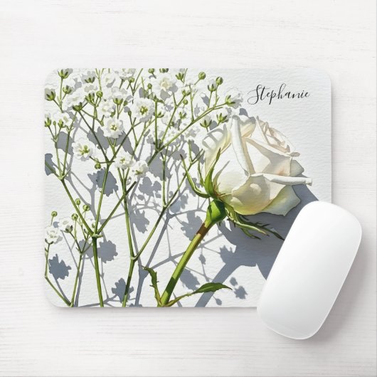 Personalized White Rose Floral Desk Mousepad (Mit Mouse)